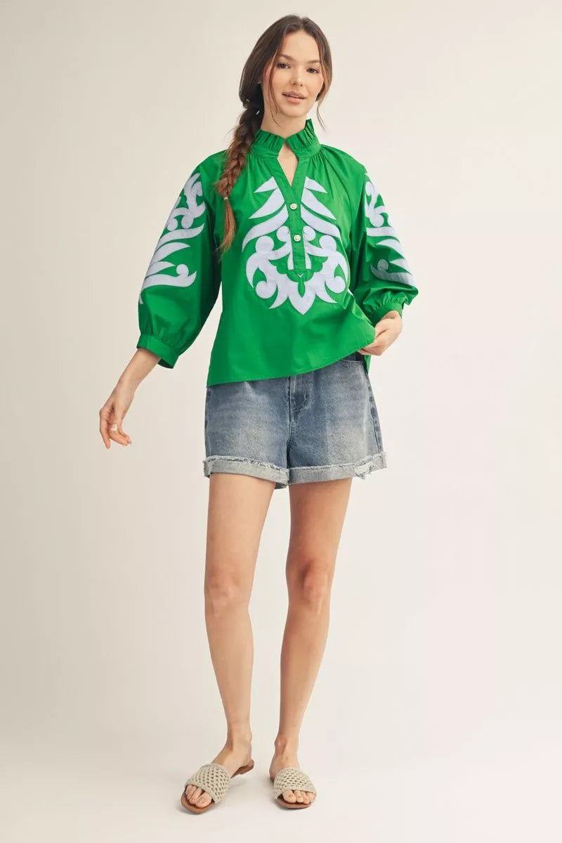 Marissa Kelly Green/Blue Floral Embroidered Top