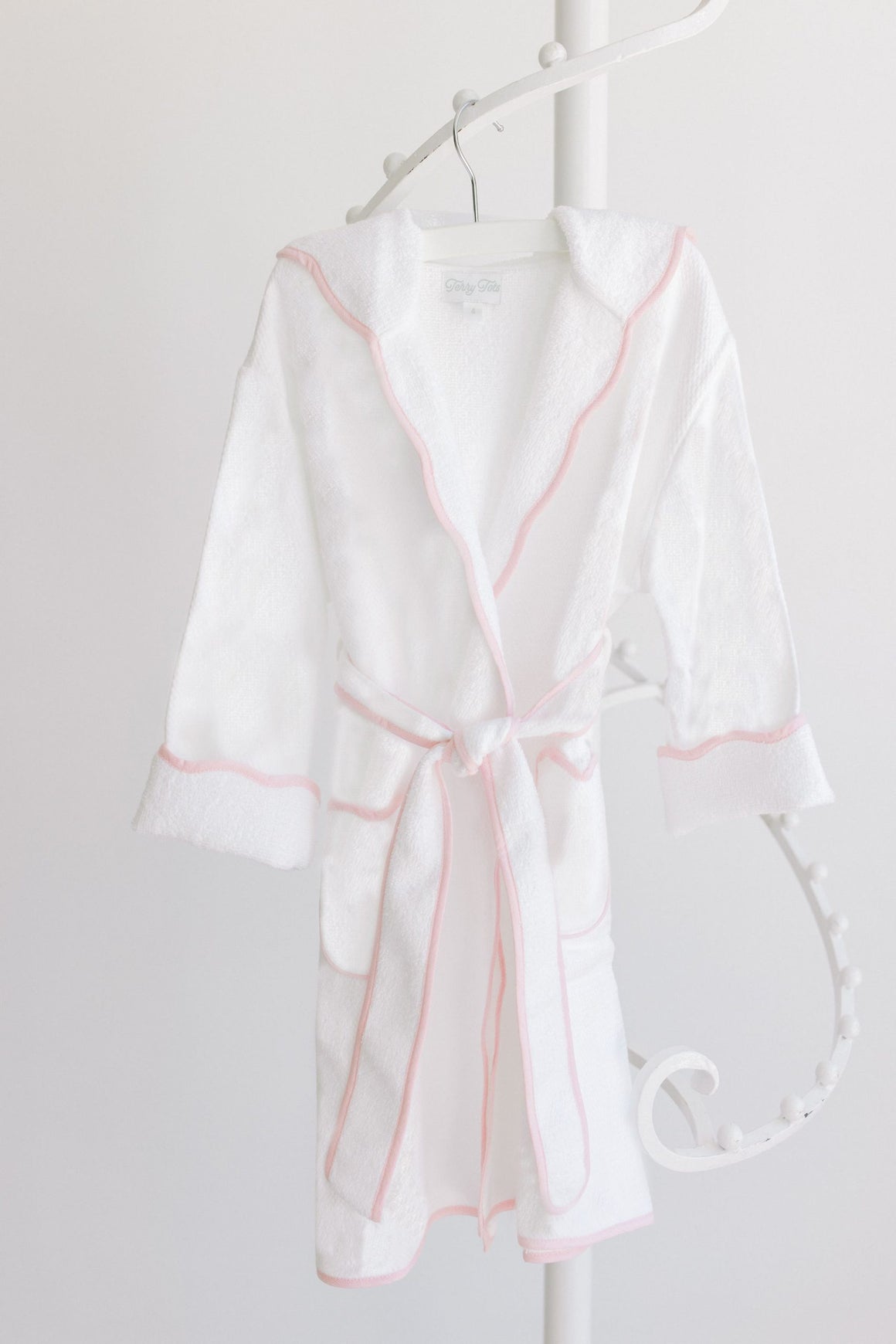 TerryTots | White Terry with Hood Bathrobe and Pink Stripe Trim