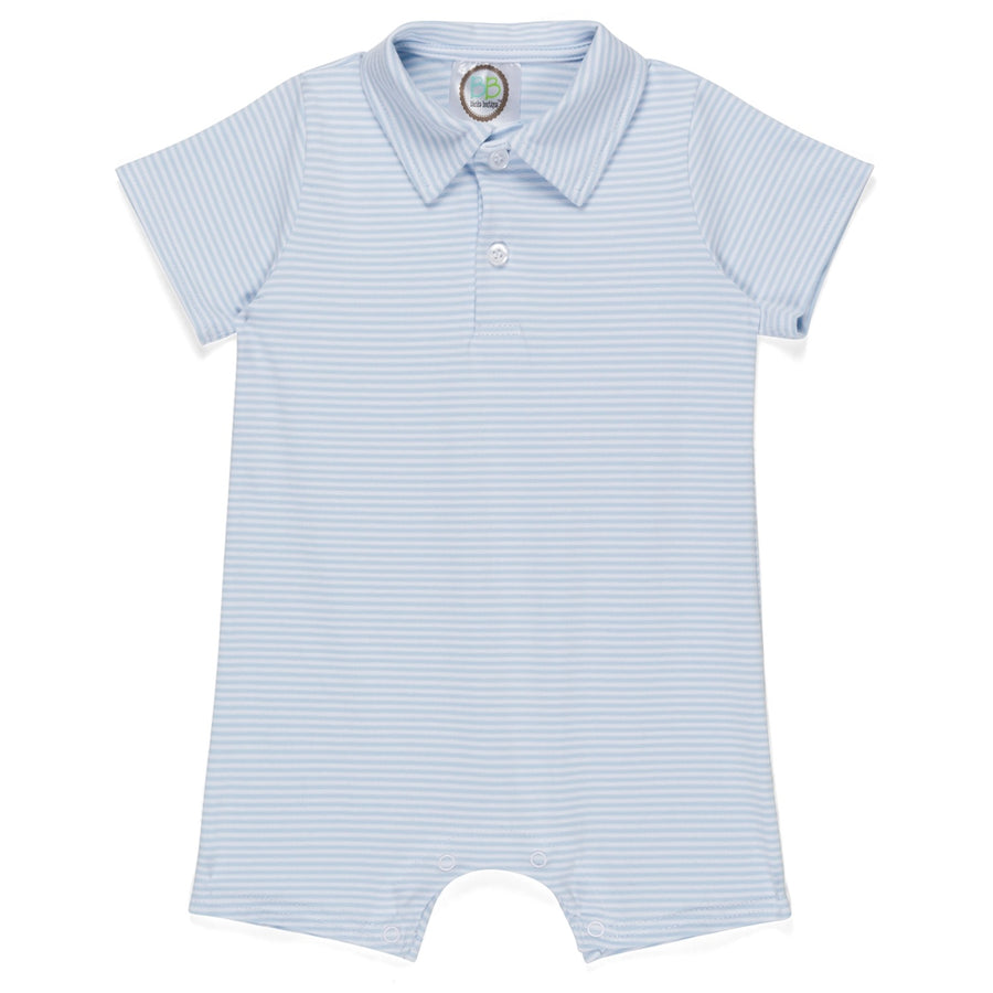 Boy's Light Blue Stripe Short Sleeve Polo Collared Romper