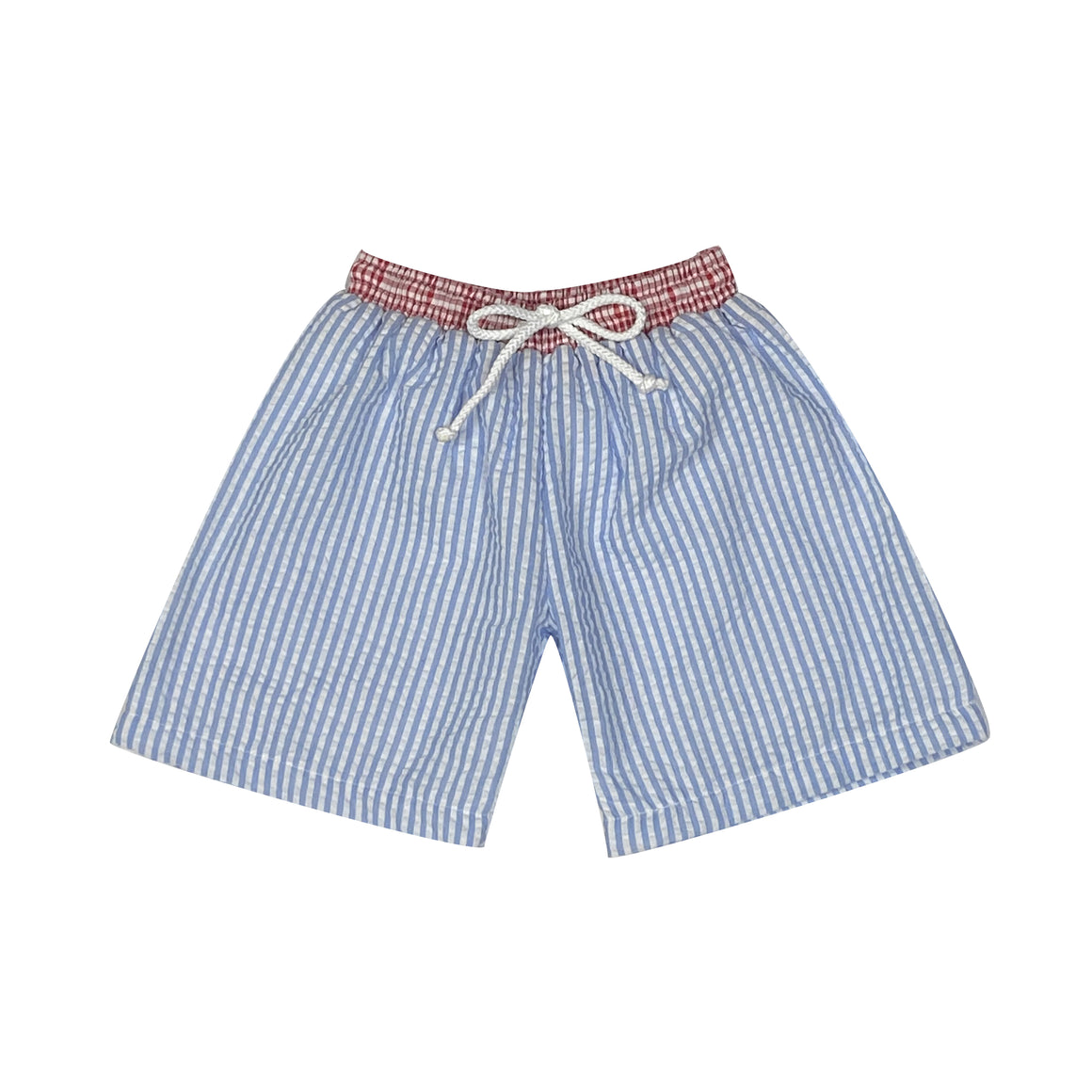 Blue with Red Trim Seersucker Swim Trunks