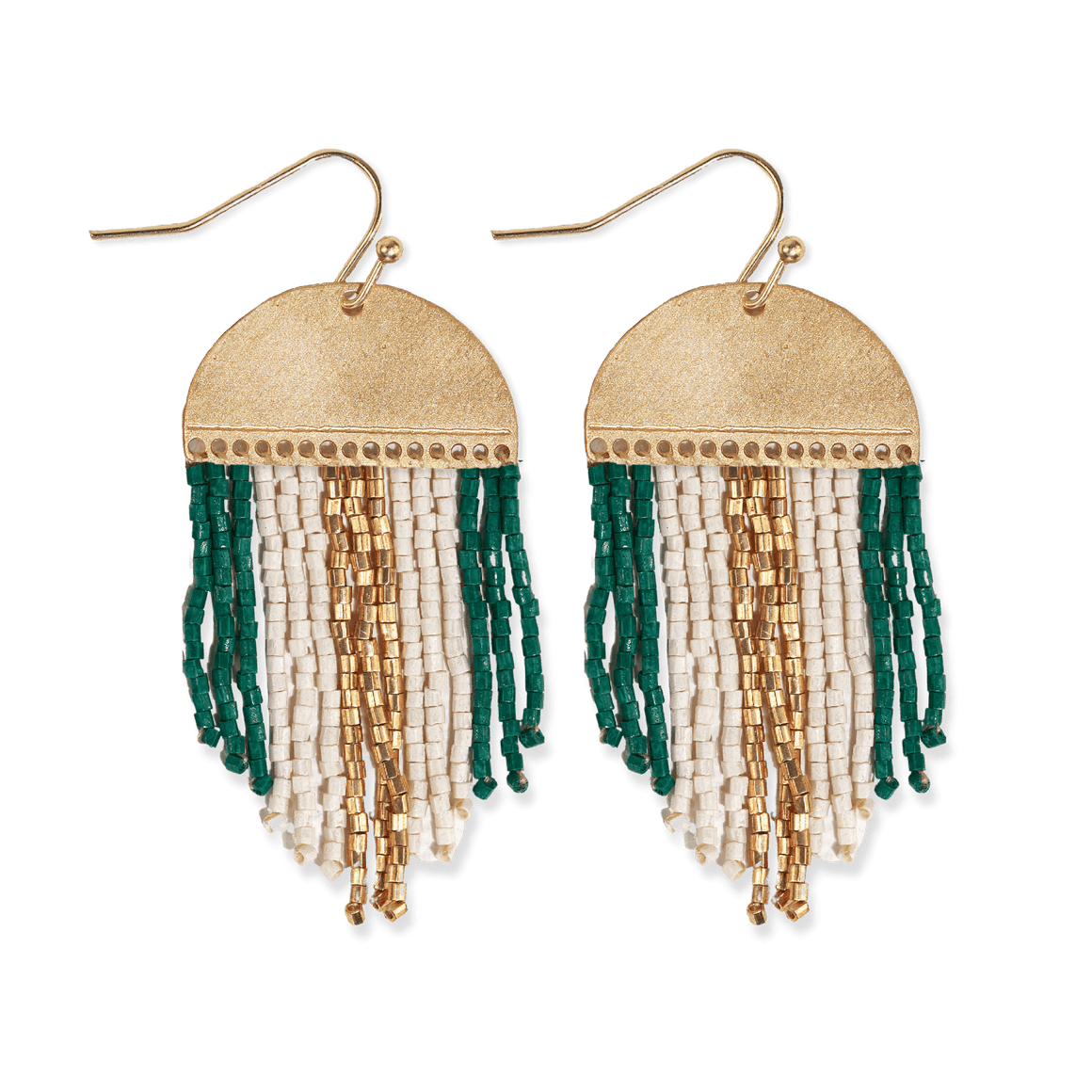 Claudia Three Striped Short Beaded Fringe Earrings - Emerald