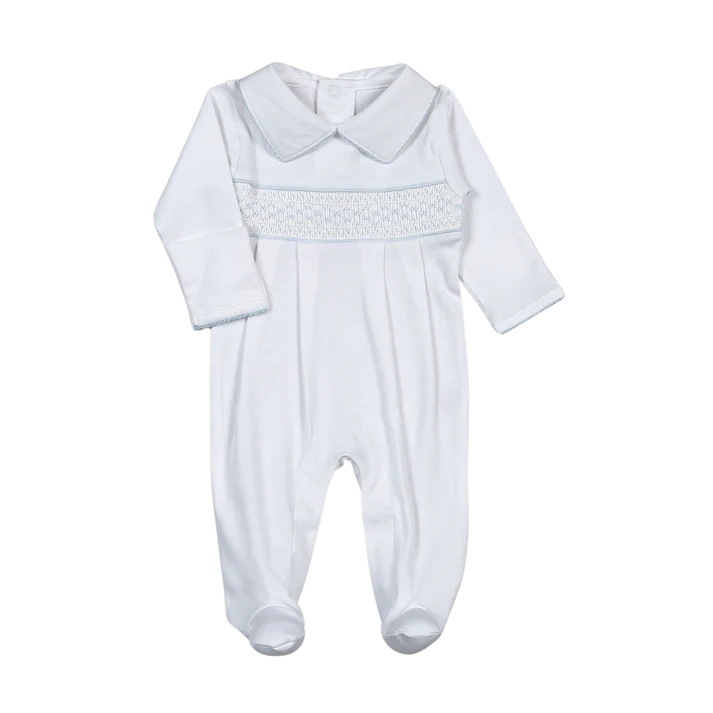 Tim White/Blue Hand Smocked Pima Footie