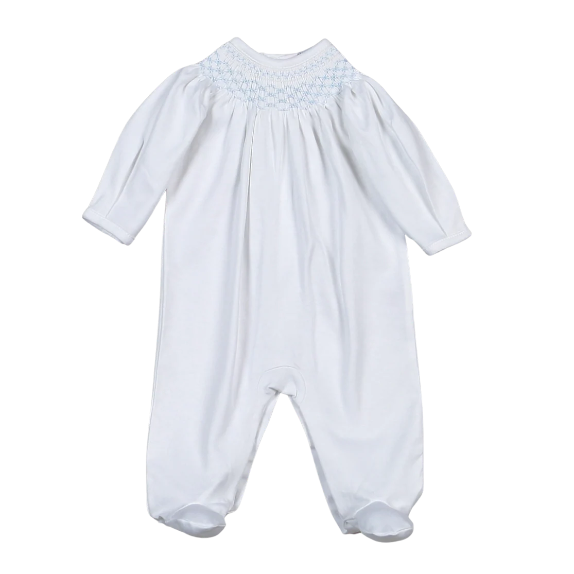 Tim White/Blue Hand Smocked Bishop Pima Footie