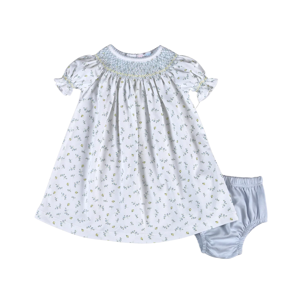 Mia Blue Floral Pima Hand Smocked Bishop Dress