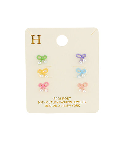RIBBON/BOW COLOR COATED STUD EARRING 3 PAIR PACK