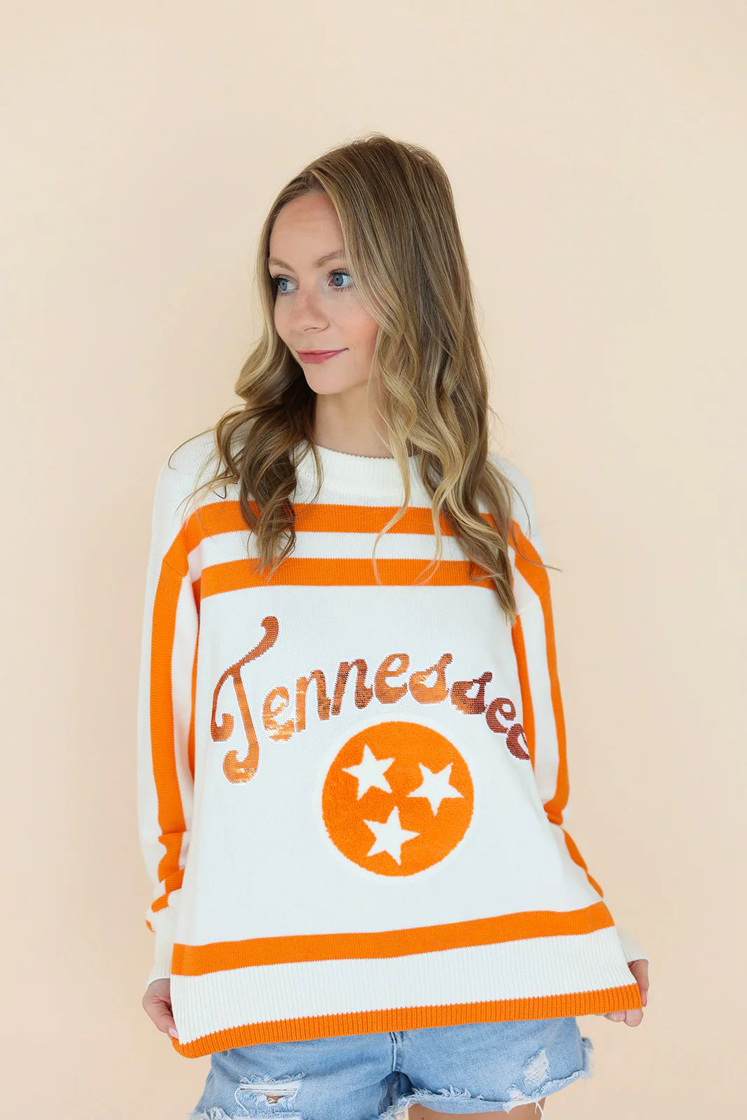 Queen of Sparkles | Tennessee Orange & White Striped Long Sleeve Sweater