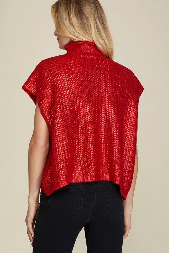 Frances Red Metallic Short Sleeve Sweater