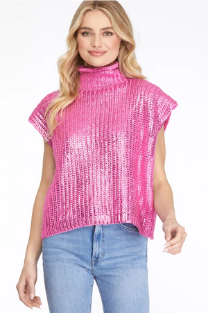 Frances Pink Metallic Short Sleeve Sweater