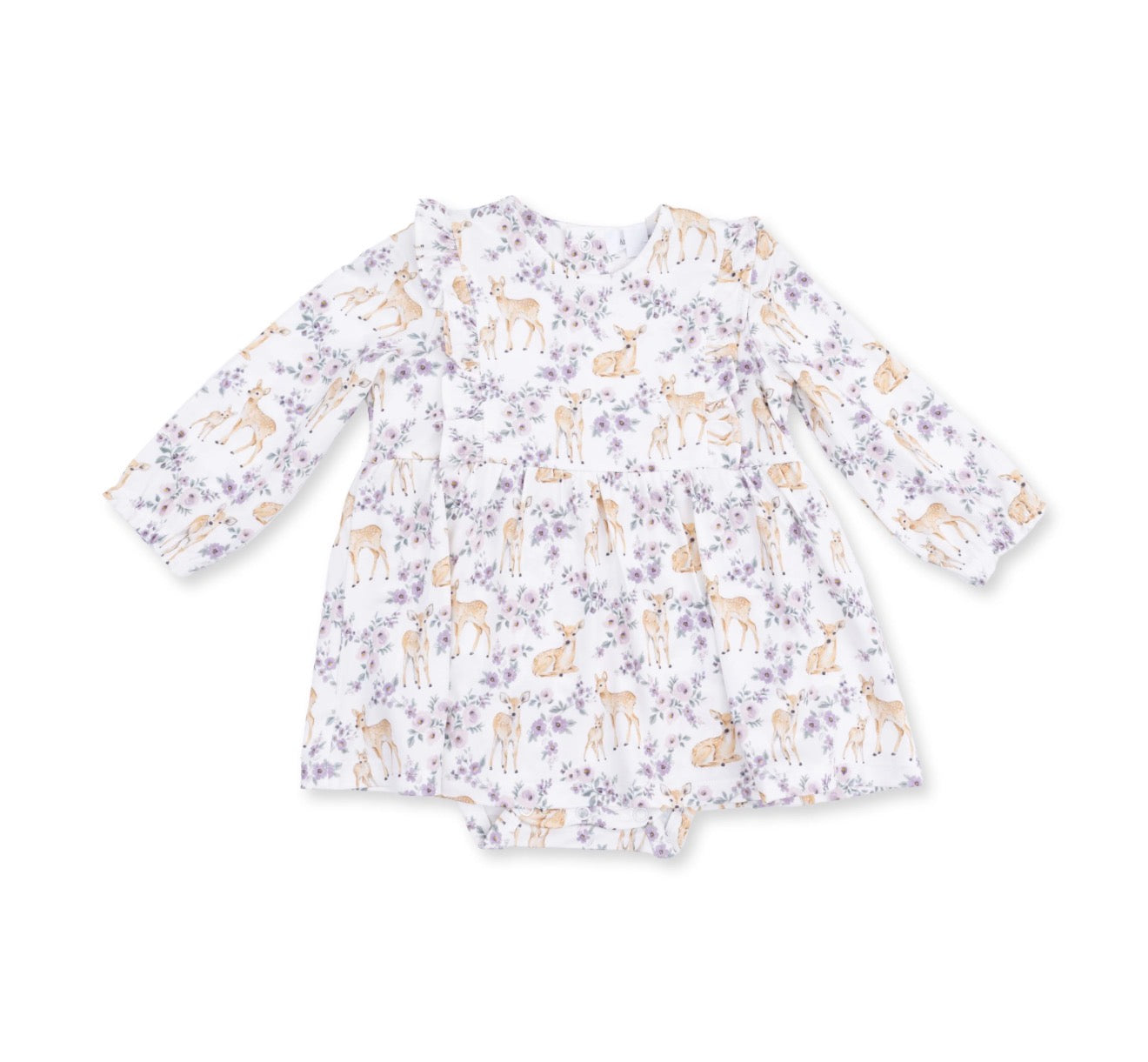 Floral Deer Long Sleeve Ruffle Bodysuit Dress