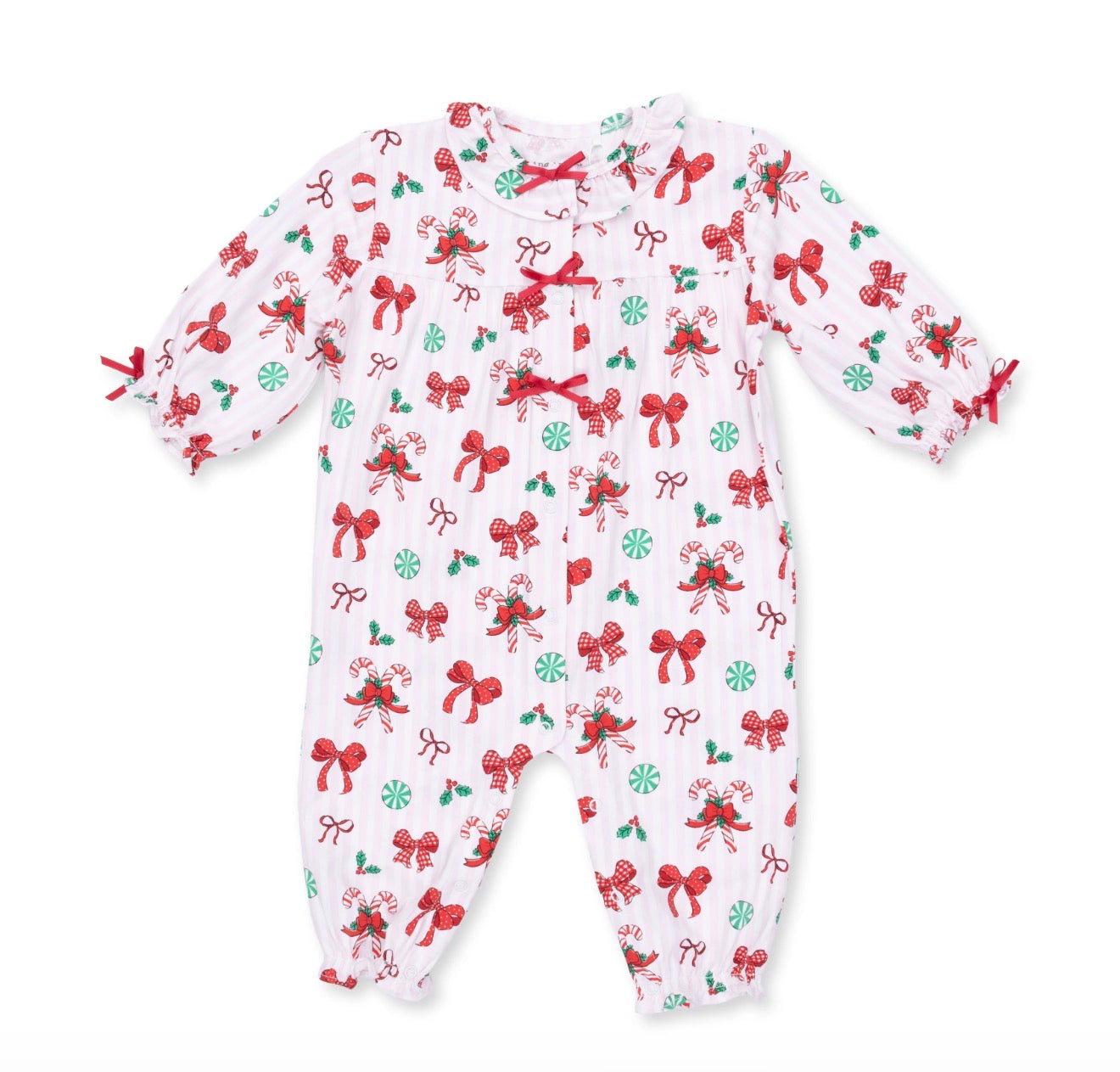 Bows & Candy Canes Long Sleeve Ruffle Collar Romper