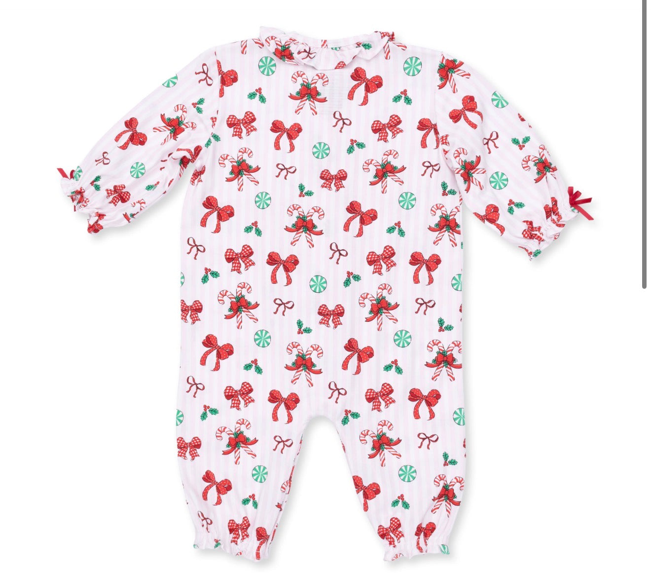 Bows & Candy Canes Long Sleeve Ruffle Collar Romper