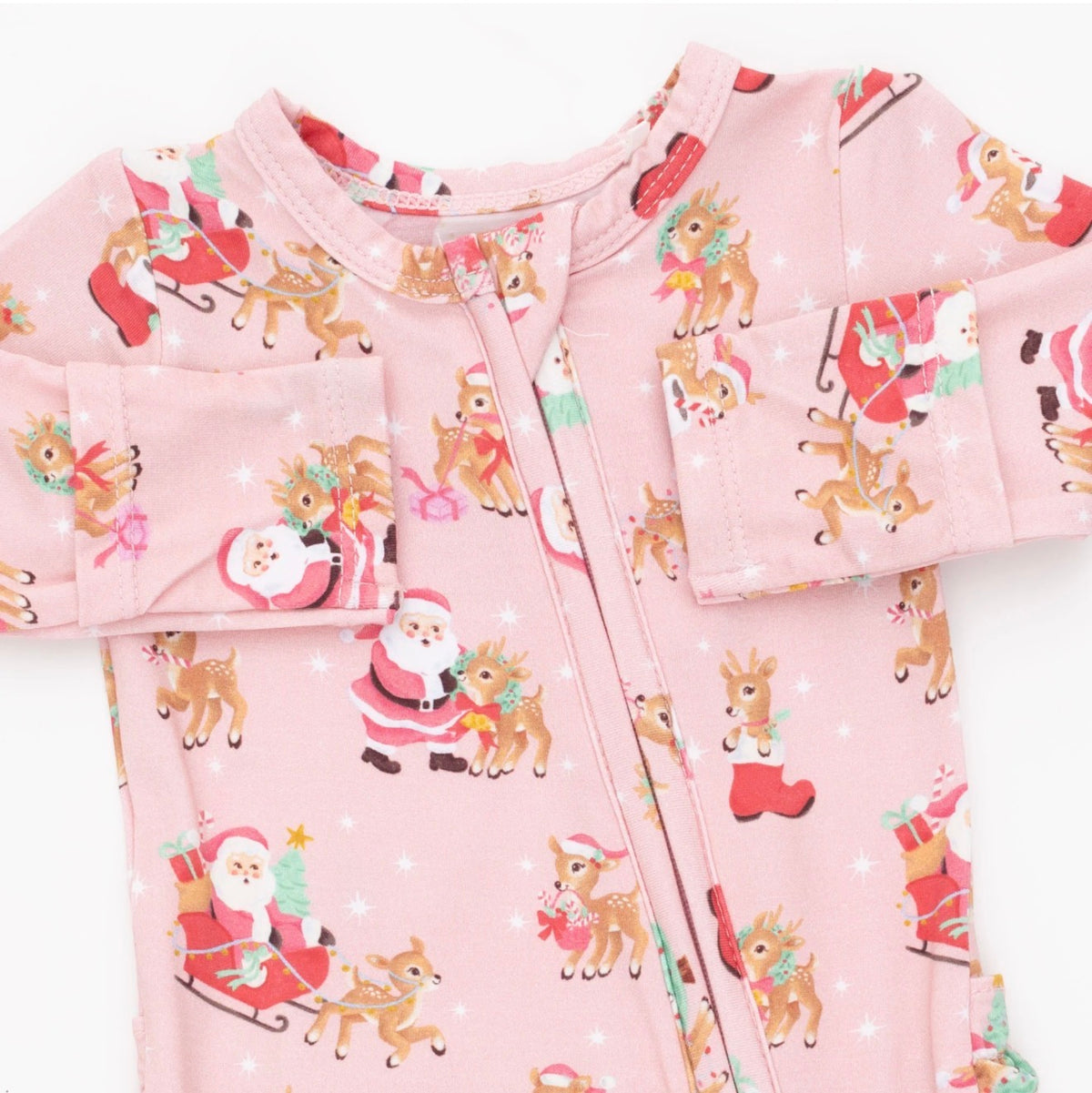 Vintage Reindeer & Santa Pink 2 Way Zipper Footie