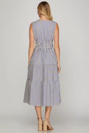 Blue Striped Tiered Midi Dress