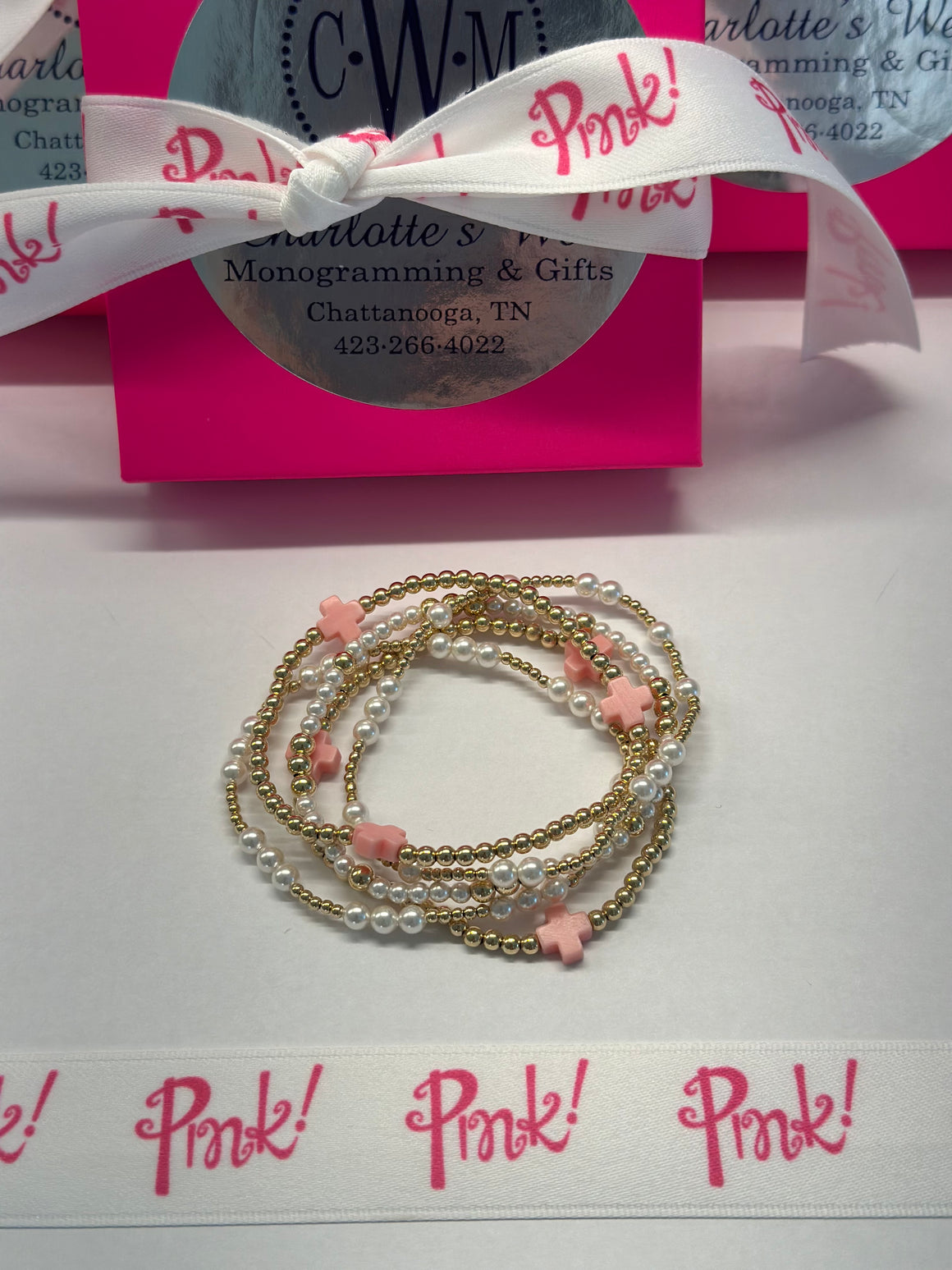 E Newton PINK! Signature Cross & Pearl Set of 5 Bracelets