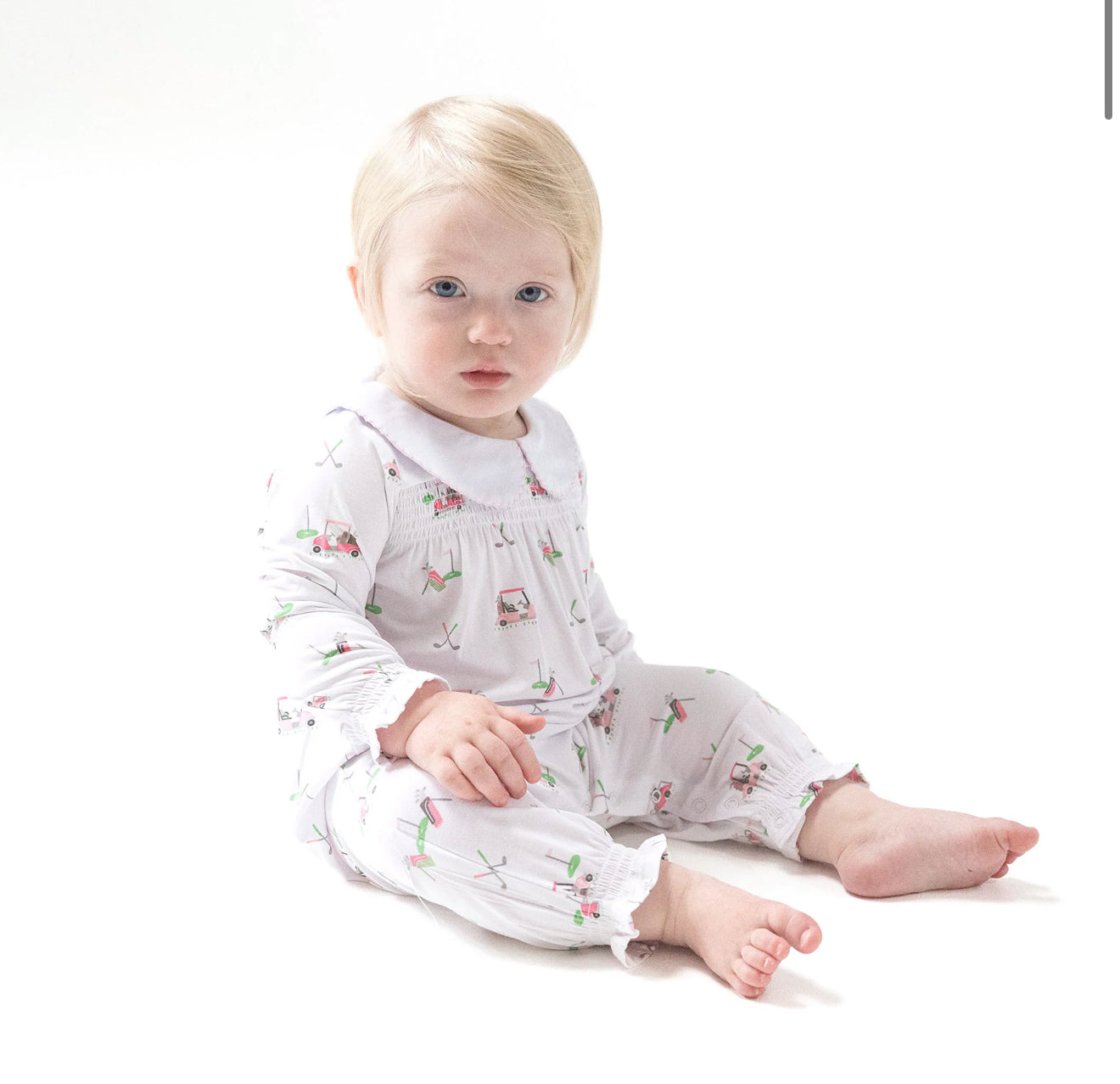 Angel Dear | Baby Golf Carts Pink Peter Pan Collar Smoked Long Sleeve Romper