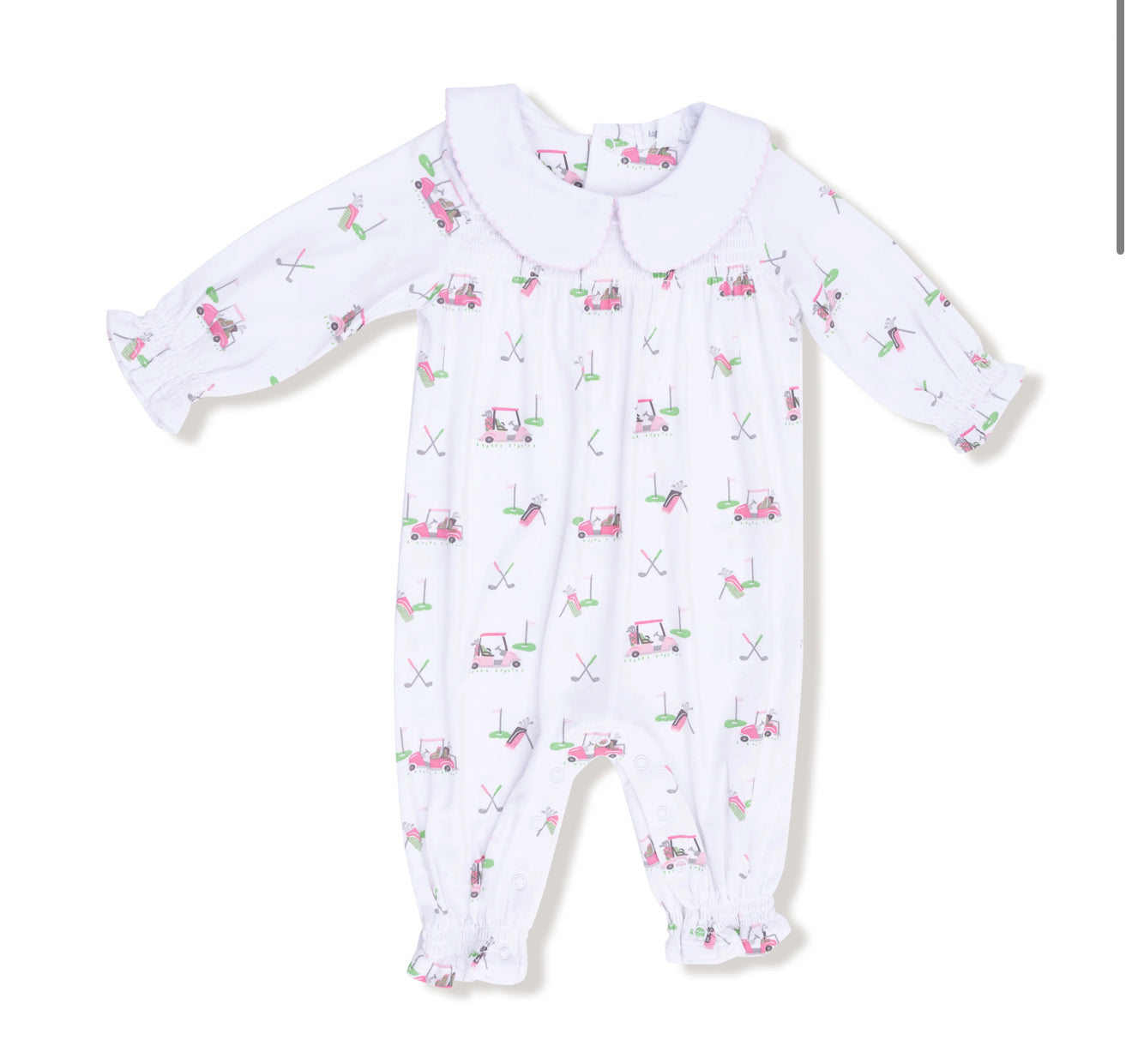 Angel Dear | Baby Golf Carts Pink Peter Pan Collar Smoked Long Sleeve Romper