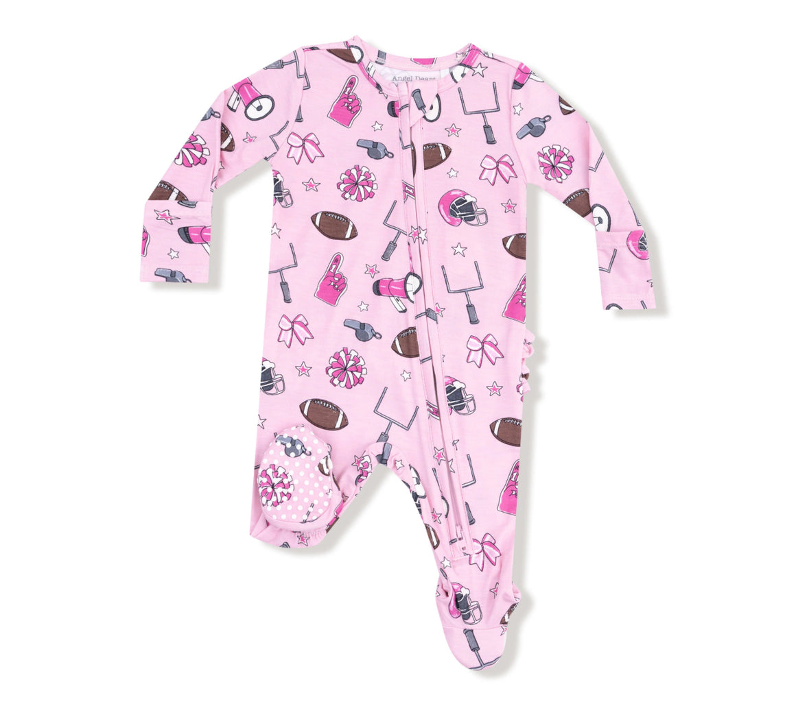 Angel Dear | Game Day Pink Ruffle Back 2 Way ZIpper Footie