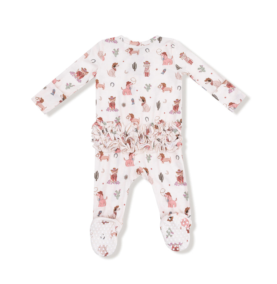 Angel Dear | Cowgirl Dogs Ruffle Back 2 Way ZIpper Footie