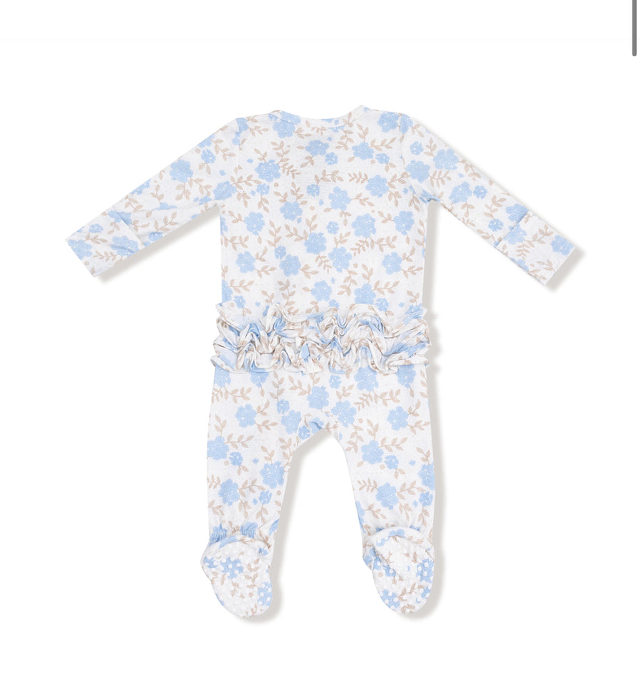 Angel Dear | Baby Blue Floral Ruffle Back 2 Way ZIpper Footie