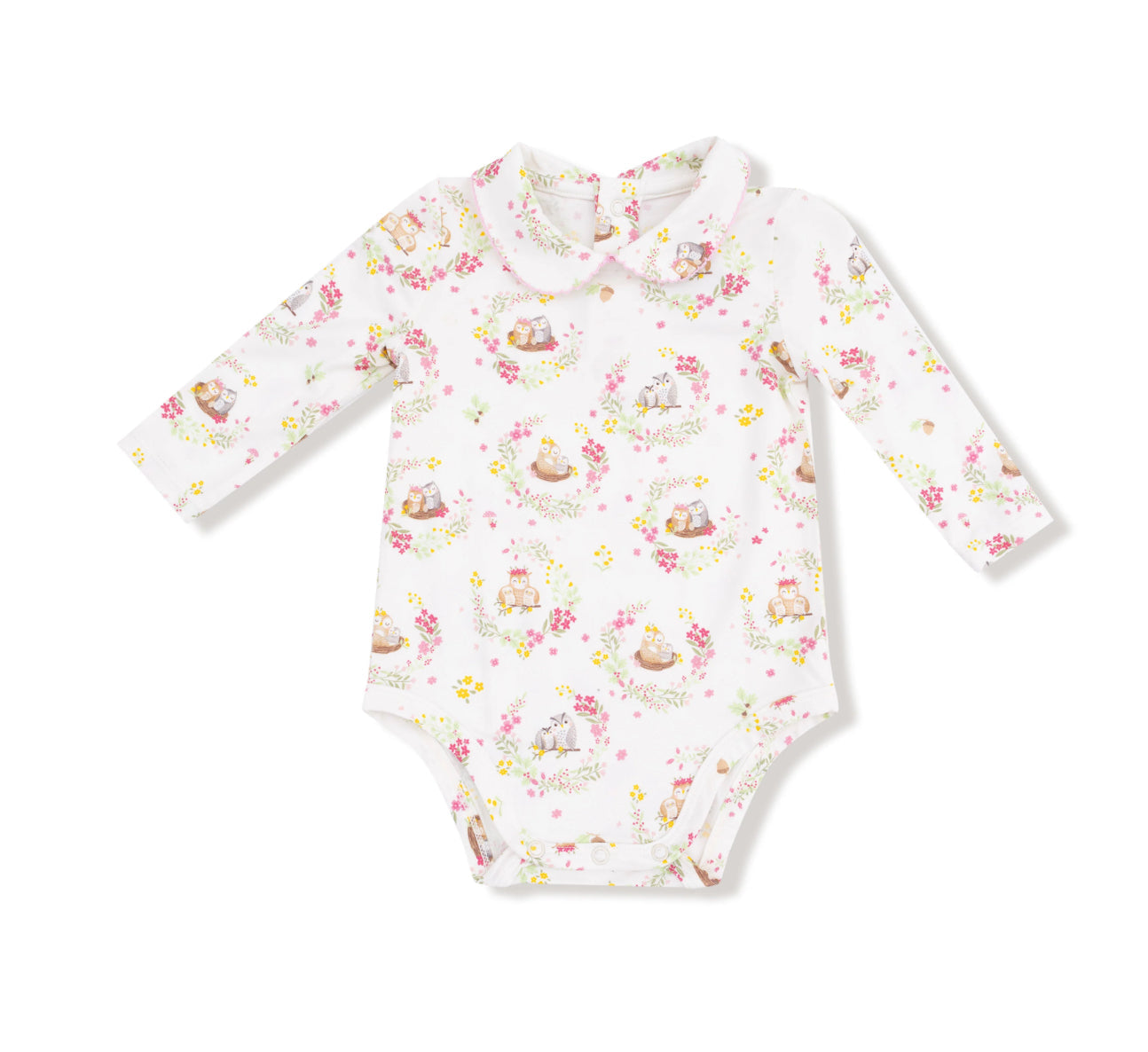 Angel Dear | Floral Owl Families Peter Pan Collar Bodysuit