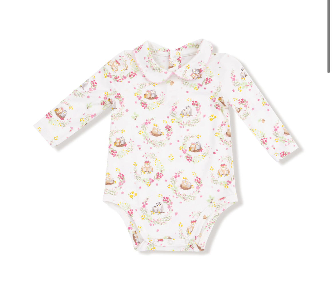 Angel Dear | Floral Owl Families Peter Pan Collar Bodysuit
