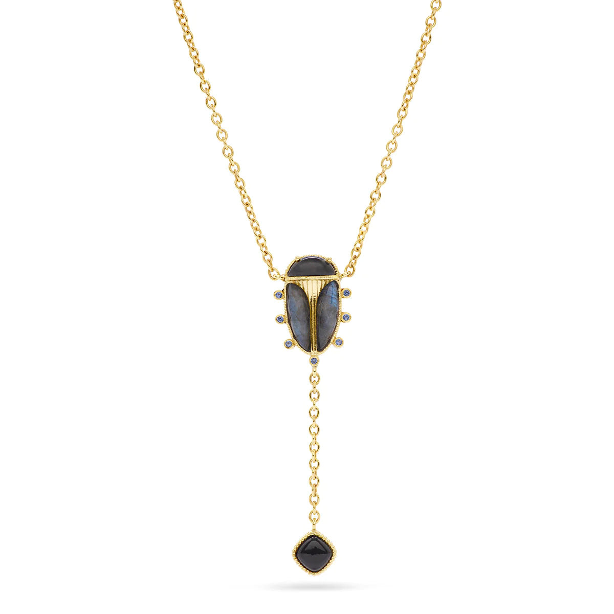Capucine De Wulf | Scarab Lariat Necklace in Blue Labradorite/Black Agate
