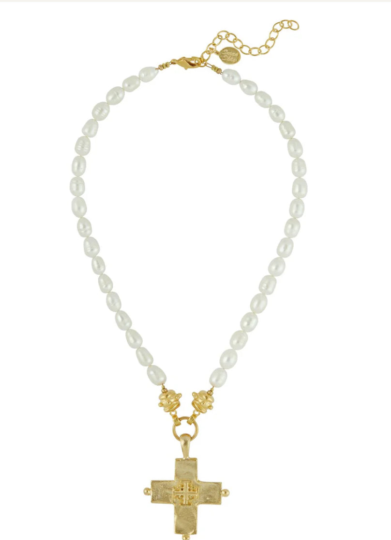 Susan Shaw | Handcast Gold Jerusalem Cross Freshwater Pearl Necklace