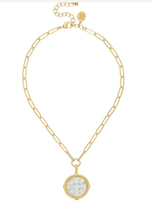 Susan Shaw | Handcast Gold with Mother of Pearl Jerusalem Cross on Paper Clip Chain Neckace