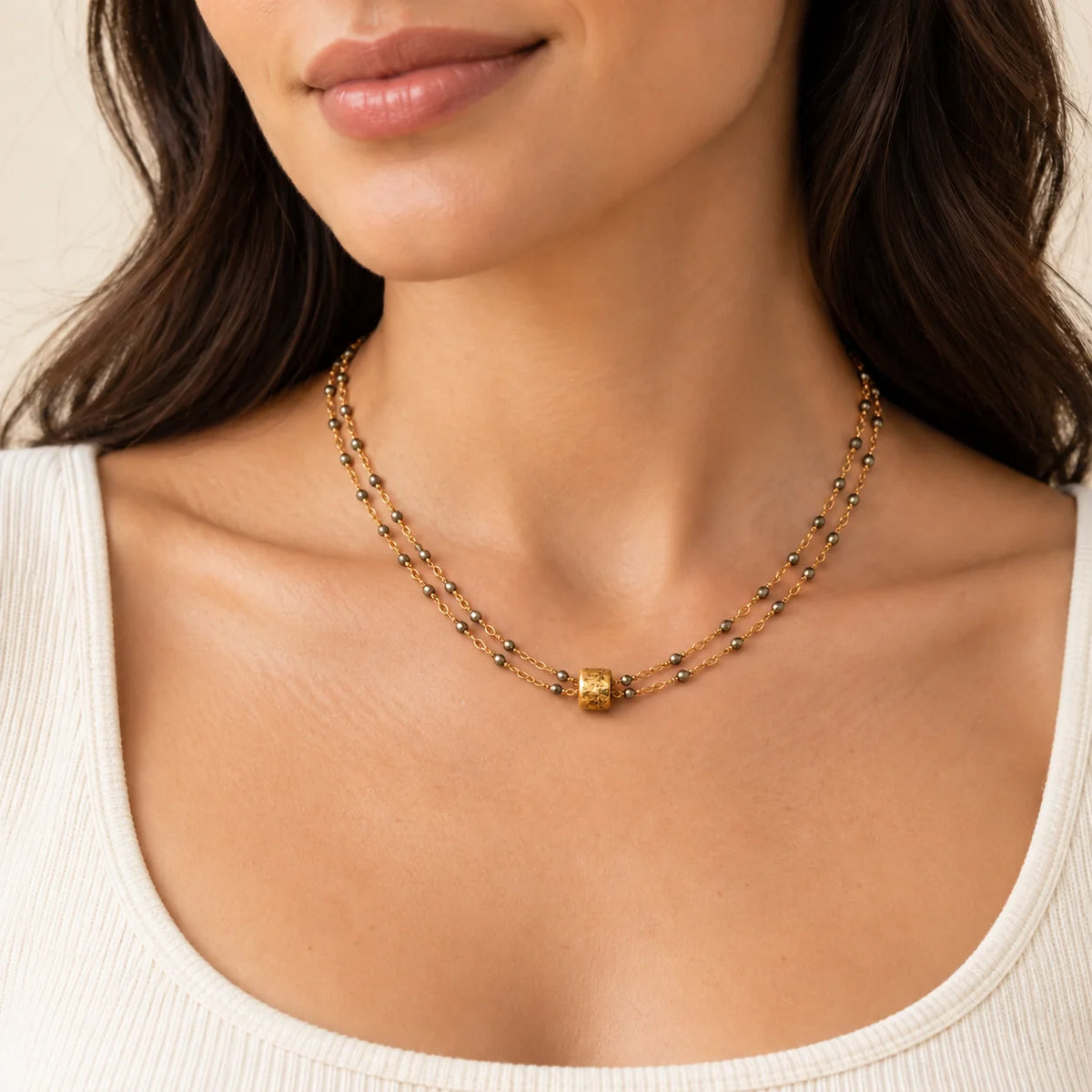Small Gold Barrel on Double Pyrite Necklace