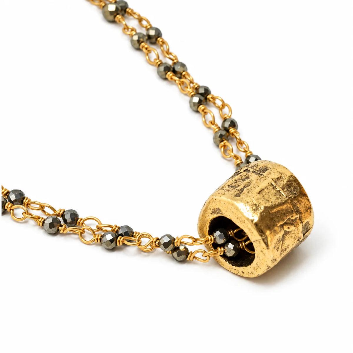 Small Gold Barrel on Double Pyrite Necklace