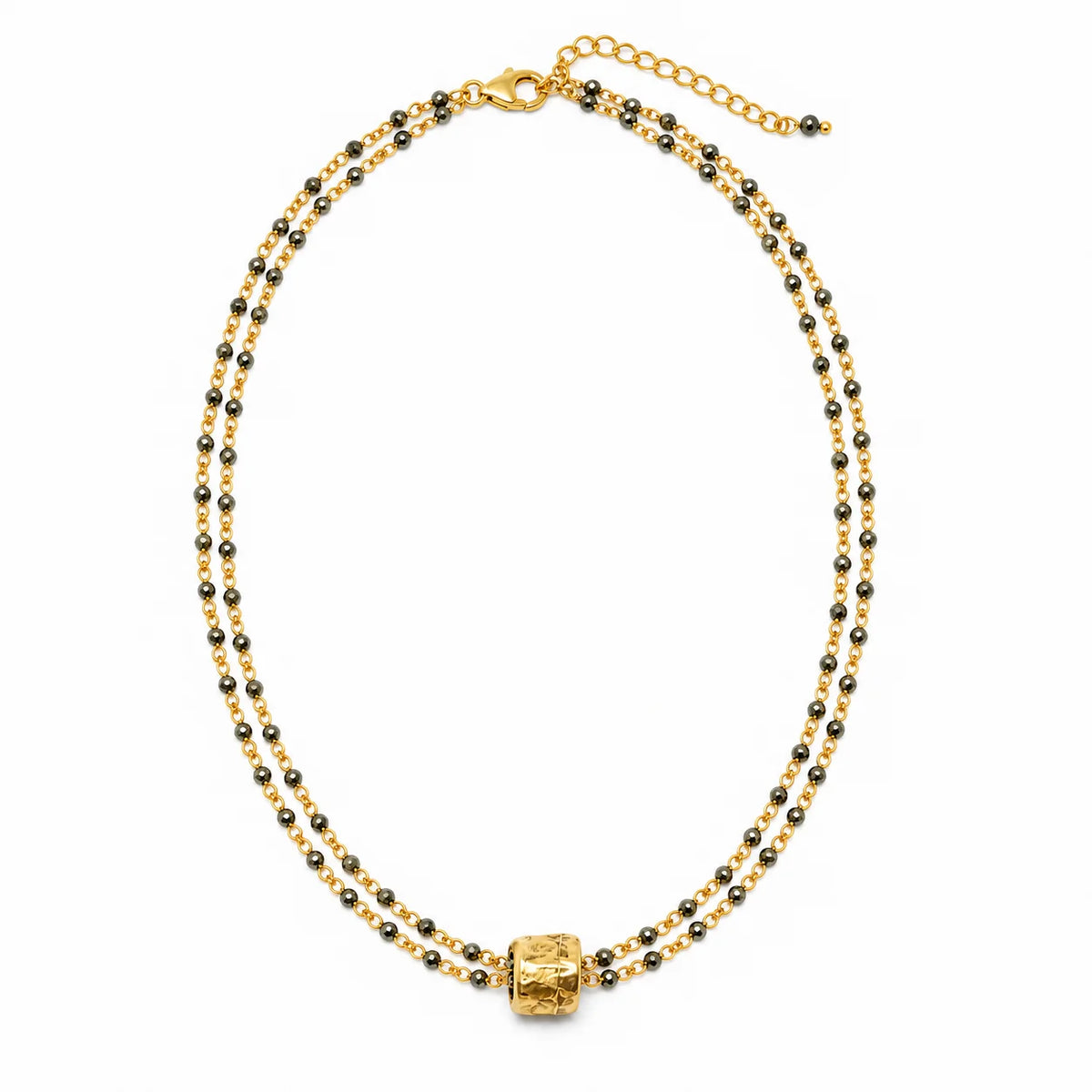 Small Gold Barrel on Double Pyrite Necklace