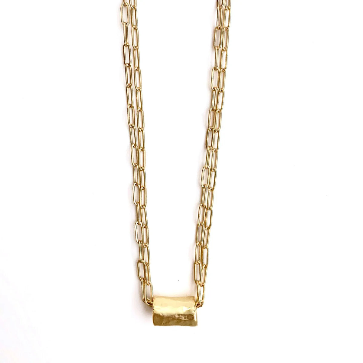Gold Barrel on Double Gold Paperclip Necklace
