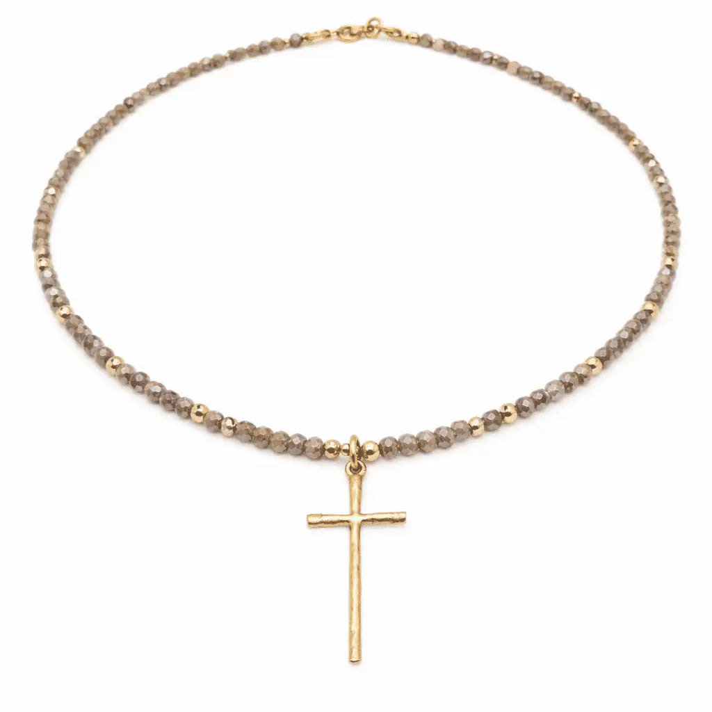 Champagne Crystal Beads w/ Gold Prayer Cross Necklace