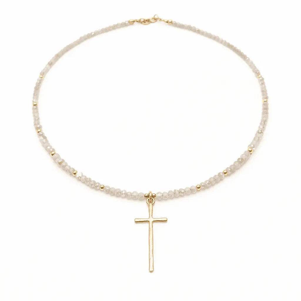 Winter White Beads w/ Gold Prayer Cross Necklace