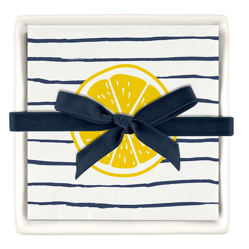 Ceramic Napkin Tray + Paper Napkin - Striped Lemons