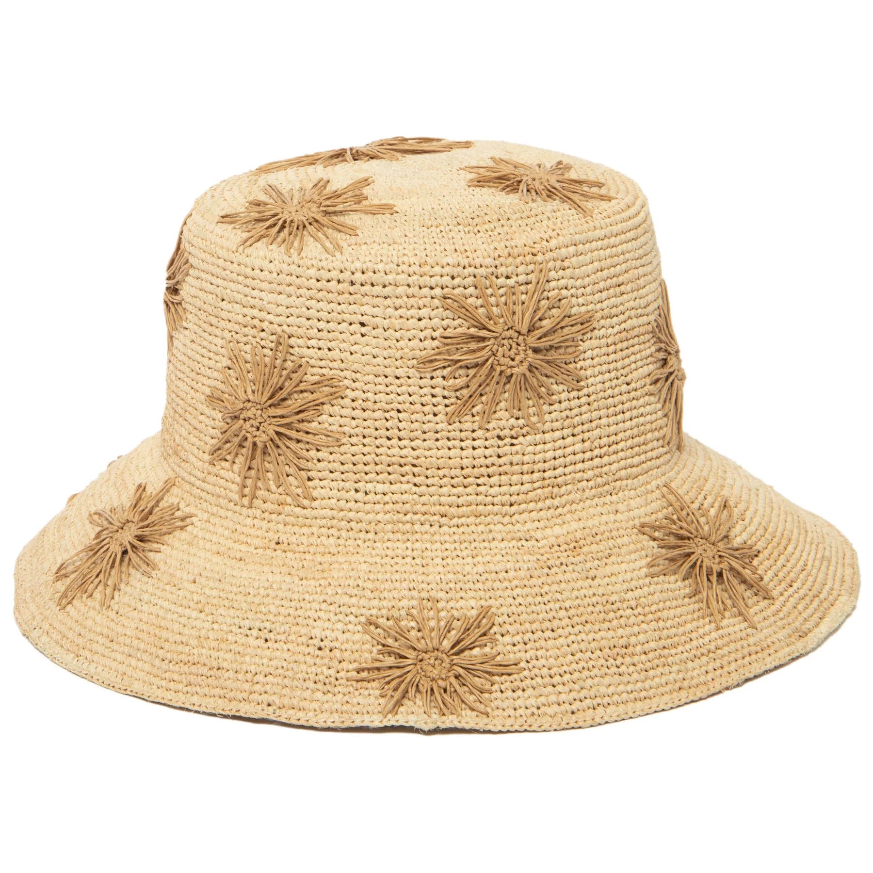 Sol - Women's Crochet Raffia Bucket Hat with Embroidered Paper Flowers