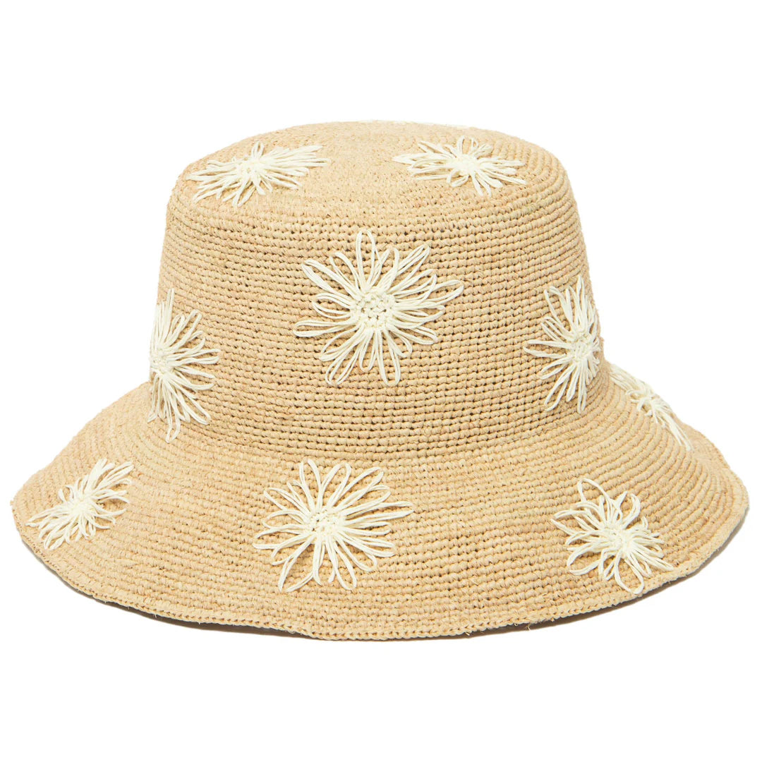 Sol - Women's Crochet Raffia Bucket Hat with Embroidered Paper Flowers
