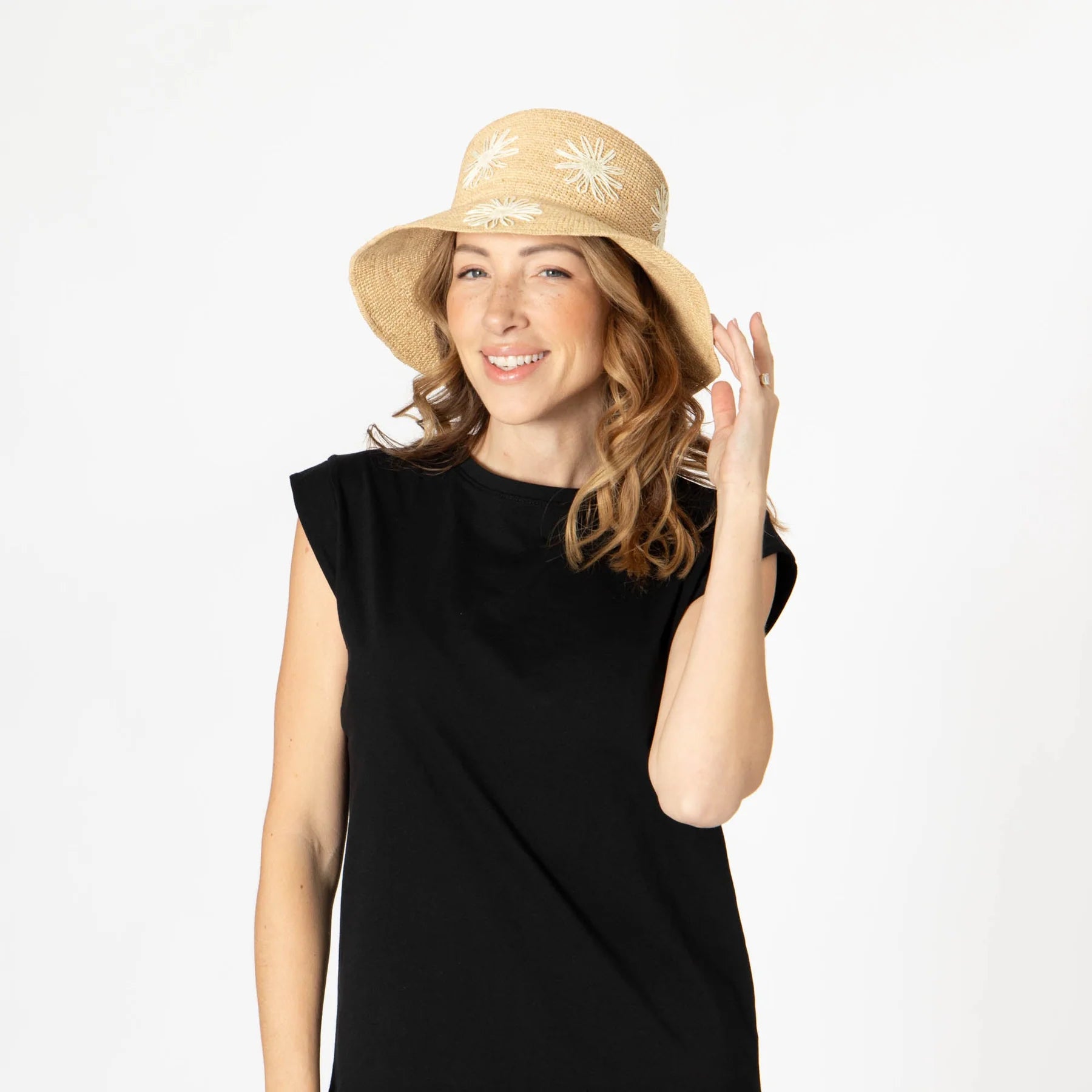 Sol - Women's Crochet Raffia Bucket Hat with Embroidered Paper Flowers