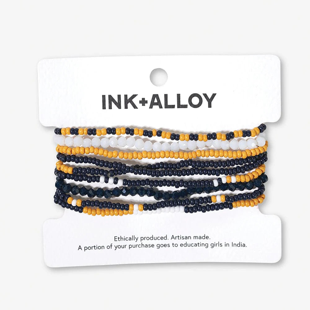 INK + ALLOY | Game Day Color Block Beaded 10 Strand Stretch Bracelets Navy and Yellow