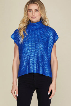 Frances Blue Metallic Short Sleeve Sweater