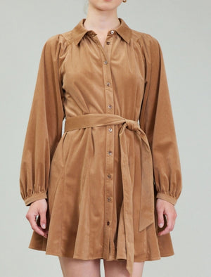 Current Air | Corduroy Mini Dress w/ Pleats and Tie Belt