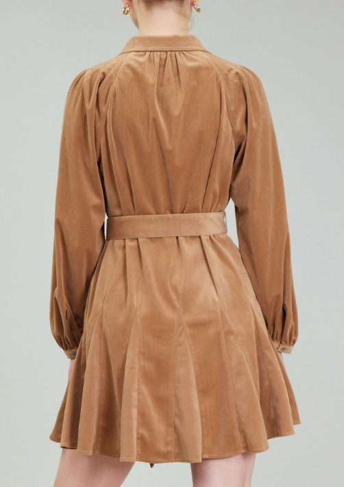 Current Air | Corduroy Mini Dress w/ Pleats and Tie Belt