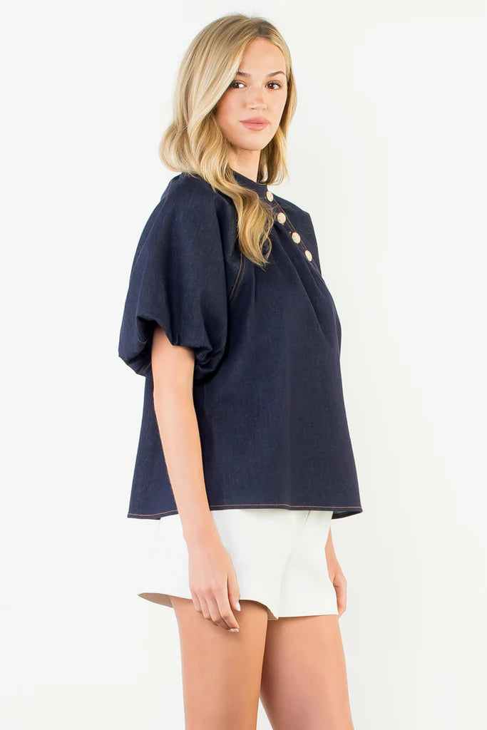 Heather Puff Sleeve Denim Top