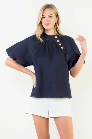 Heather Puff Sleeve Denim Top