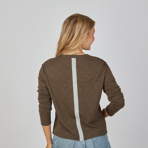 Relaxed Crew in Espresso Bown with Sea Glass Blue Stripe - Short Sleeve