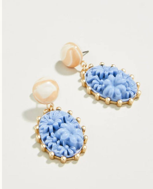 Floral Cabochon Earrings - Blue