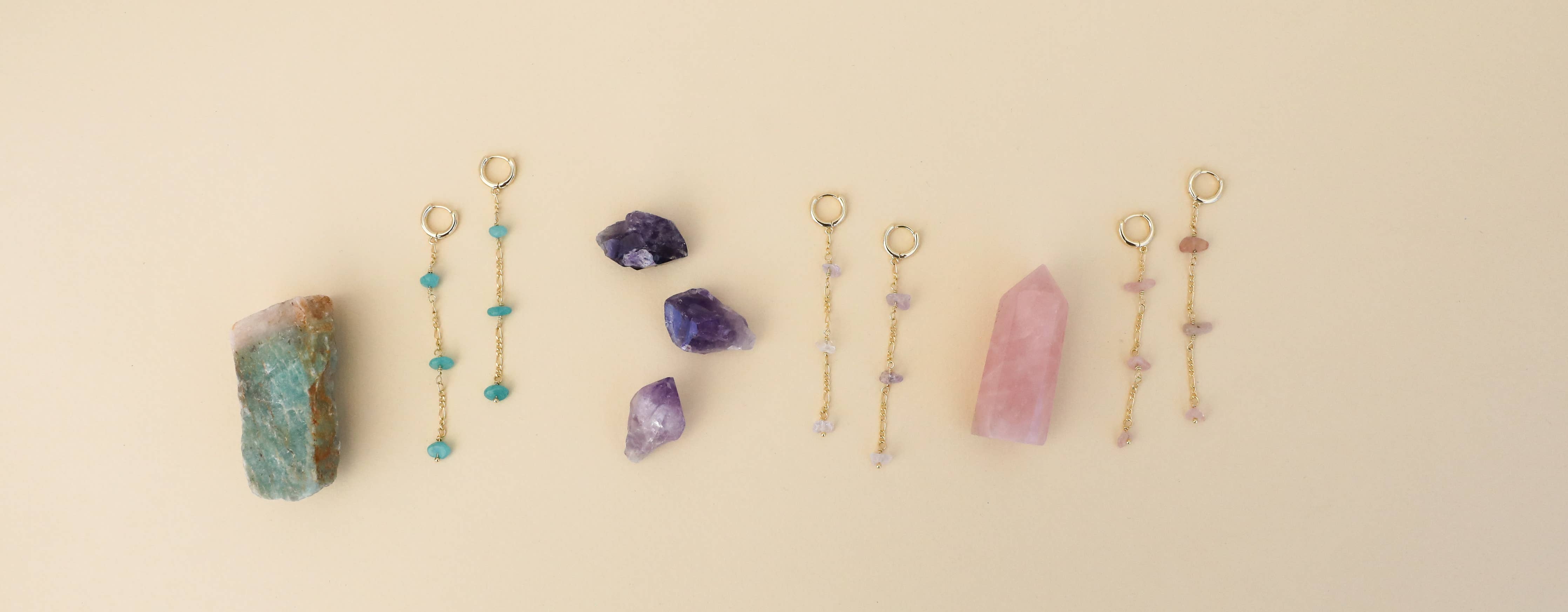 Raw Gemstone Chain Drop Earring - Rose Quartz