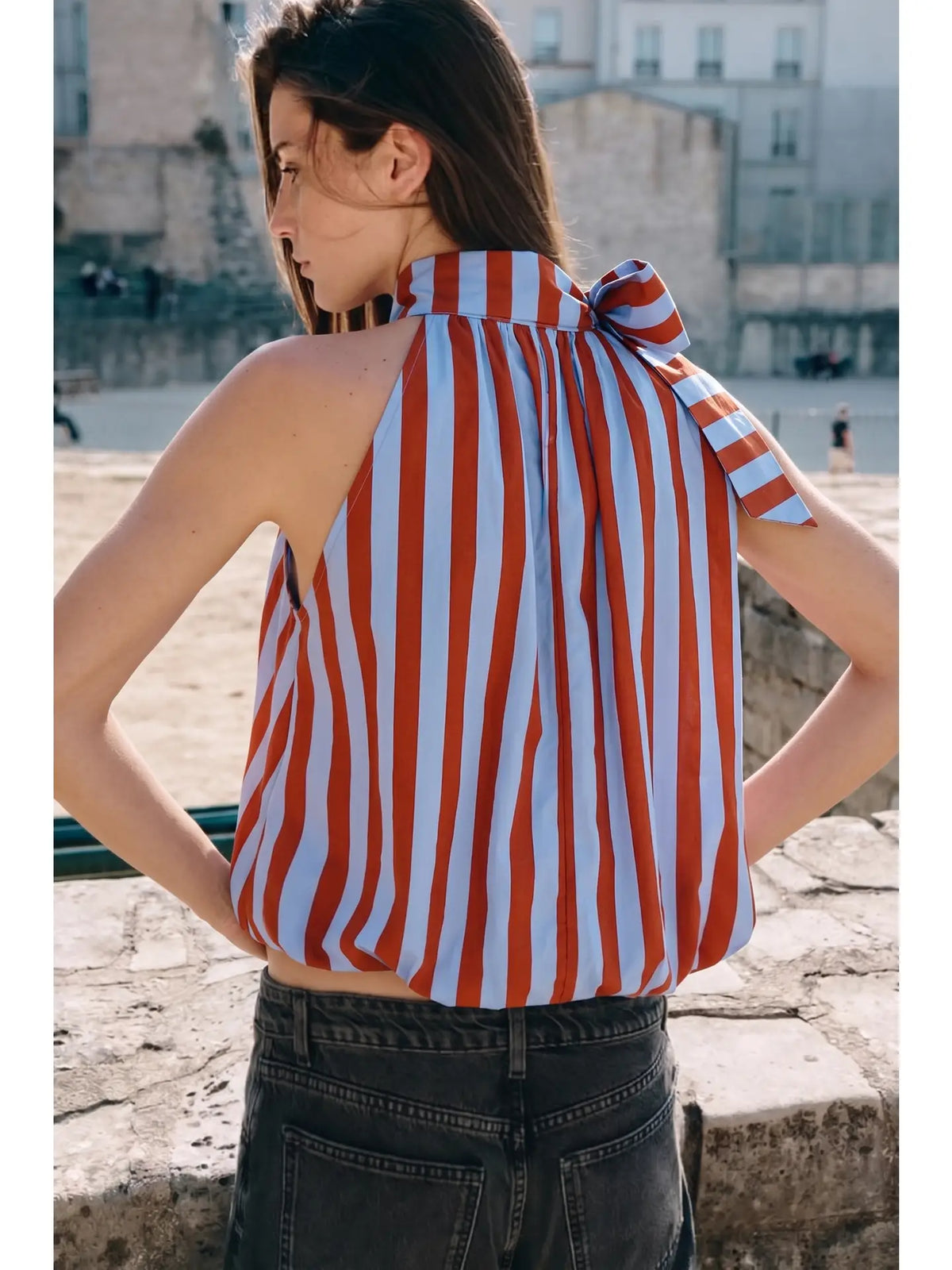 Lucy High Neck Tie Wrap Stripe Balloon Top