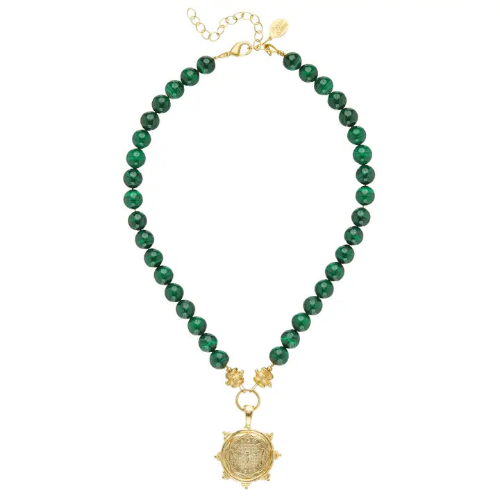 Handcast Gold Malta Bee Coin Pendant on Malachite Necklace