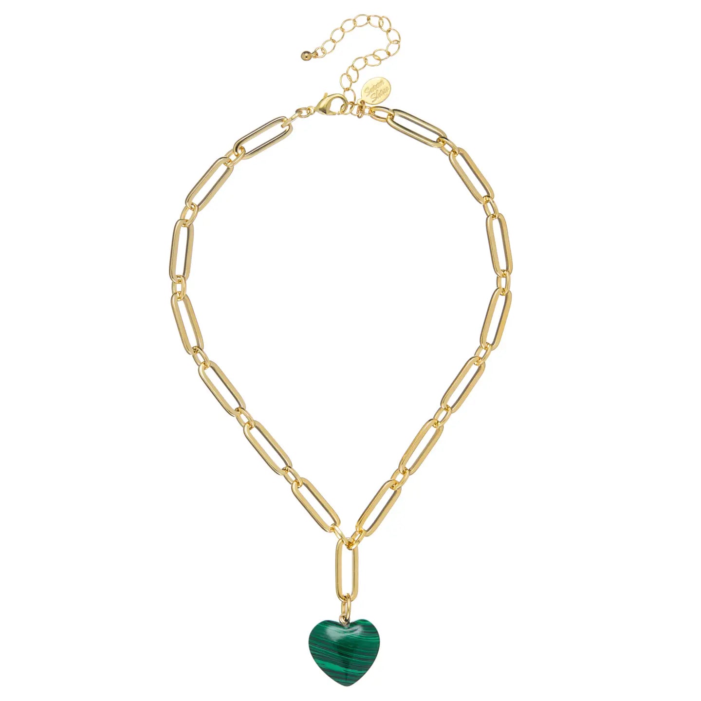 Malachite Heart on Large Paperclip Chain